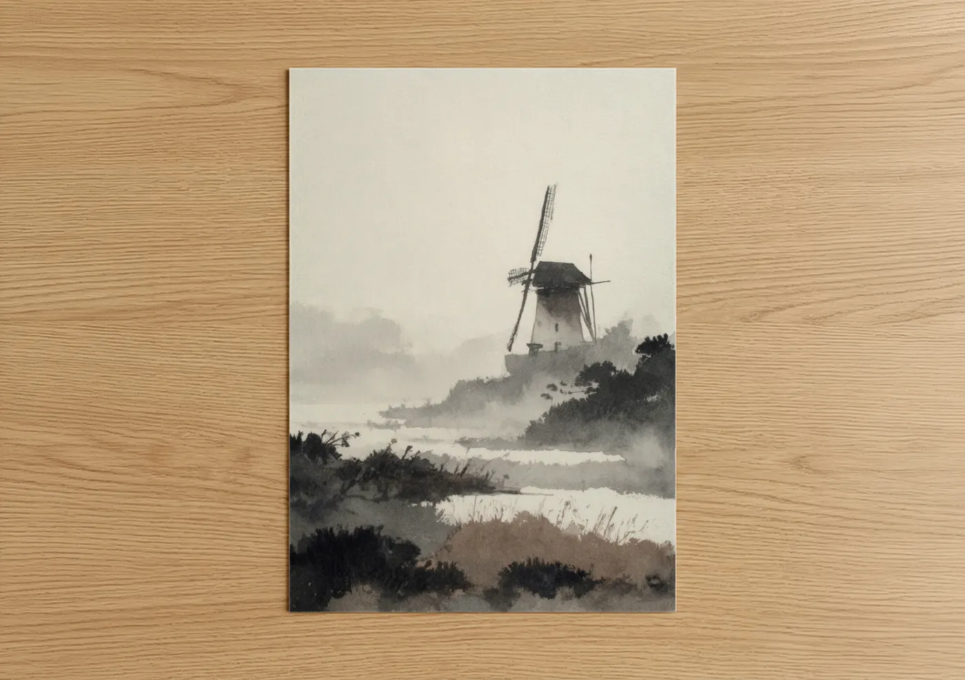 Misty Windmill Landscape Watercolor Wall Art