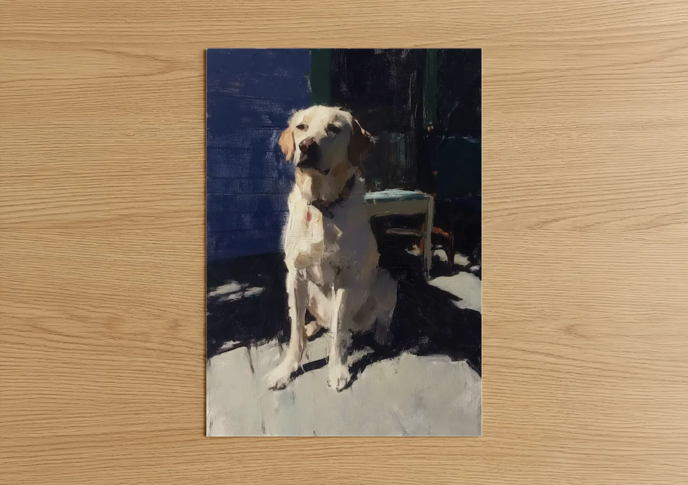 Art print on warm oak wood — blue and cream palette — Sunlit Retriever poster