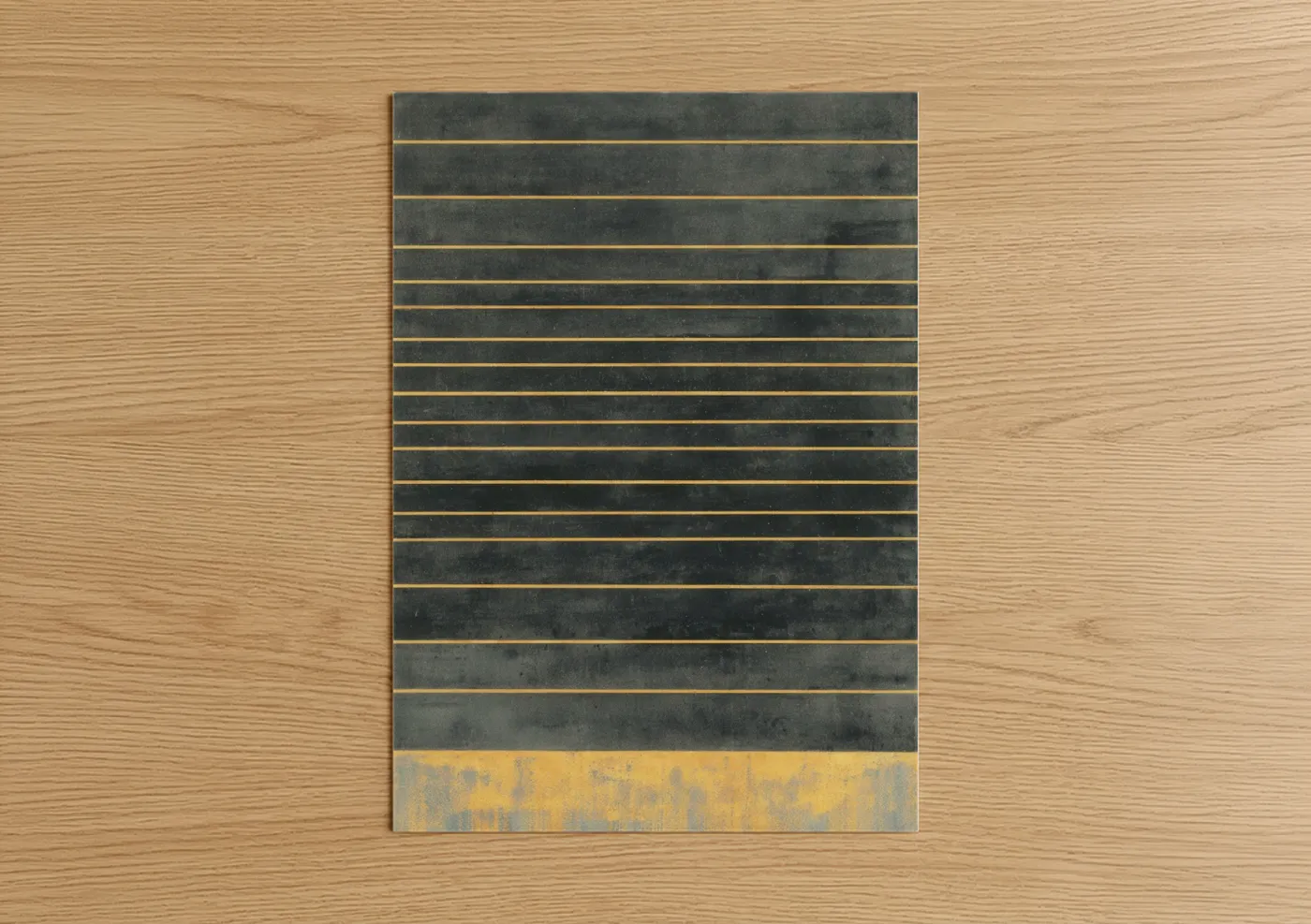 Abstract minimalist art print on warm oak wood — gray and gold palette — Charcoal Horizon poster