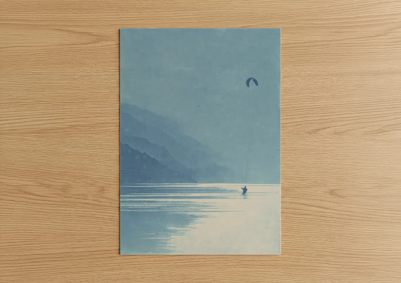 Kite surfing art print on warm oak wood — blue and white and sage green palette — Alpine Kite Surfer poster