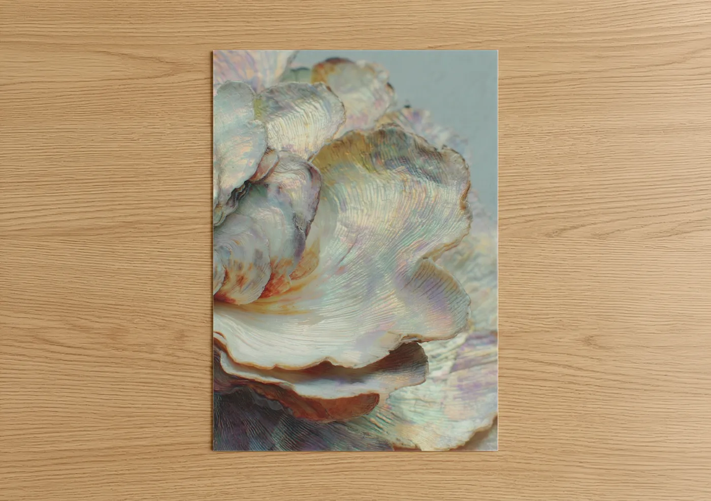 Art print on warm oak wood — sage green and lavender palette — Pearlescent Oyster poster