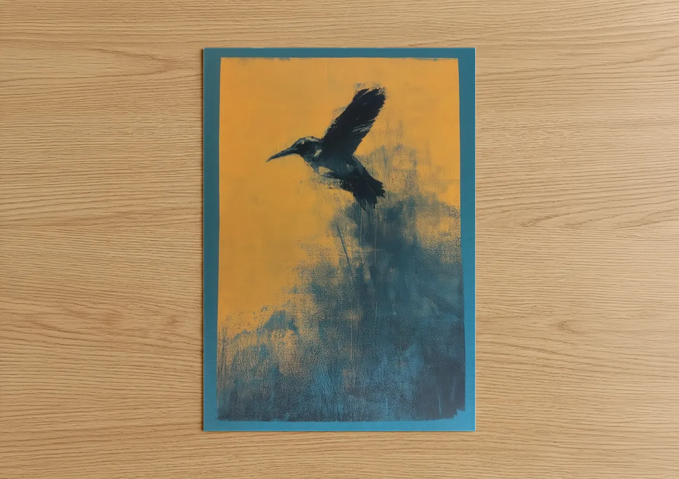 Art print on warm oak wood — gold and blue and gray palette — Golden Hummingbird poster