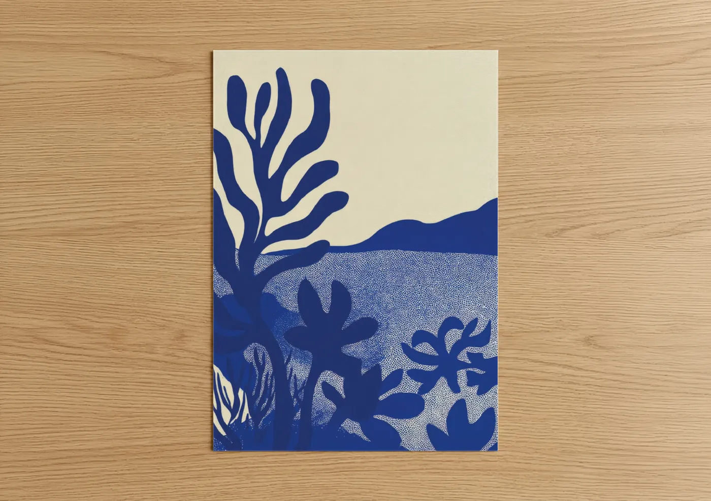 Art print on warm oak wood — blue and cream palette — Indigo Coral Garden poster