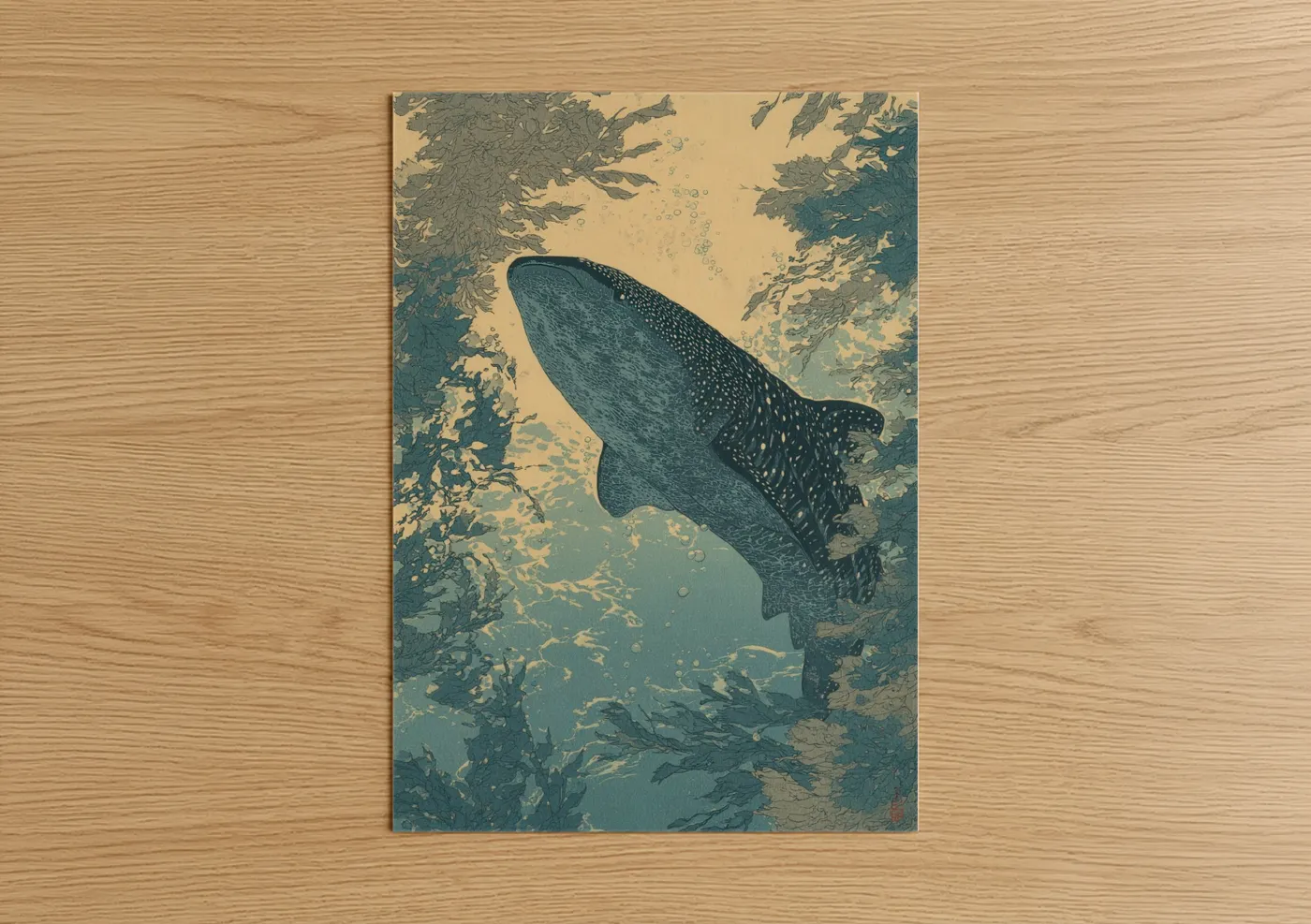 Art print on warm oak wood — teal and cream palette — Spotted Whale Shark poster