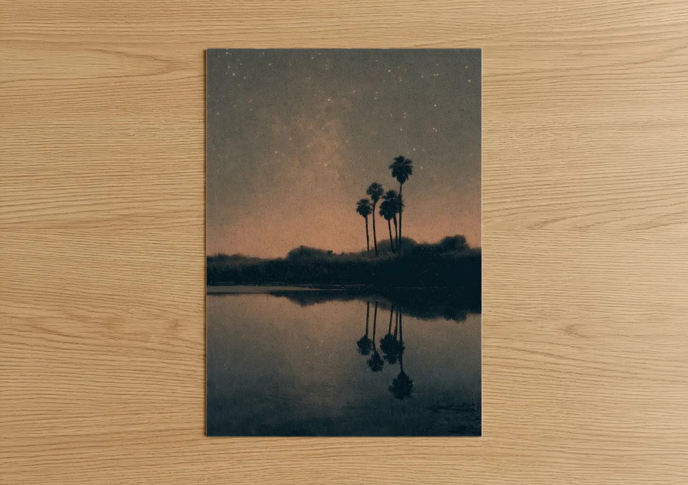 Art print on warm oak wood — black and gold and dark blue palette — Starlit Oasis poster