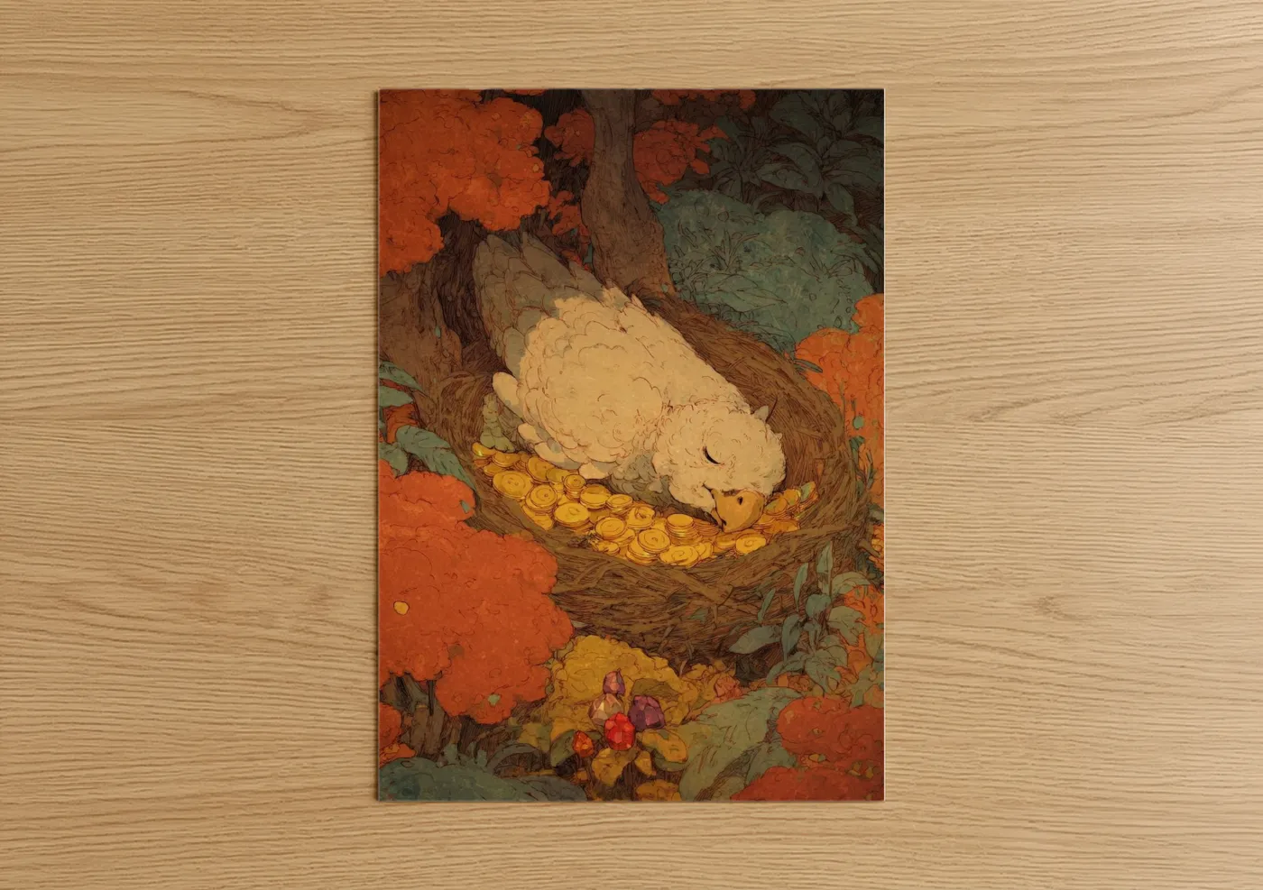Cream Griffin Resting in Nest Illustration Wall Art