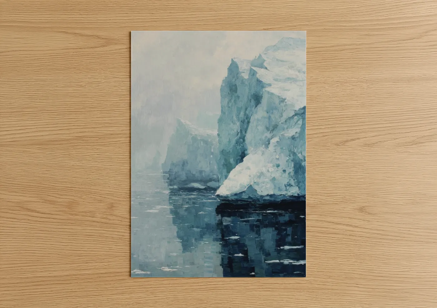 Art print on warm oak wood — blue and white palette — Icy Cliff Passage poster