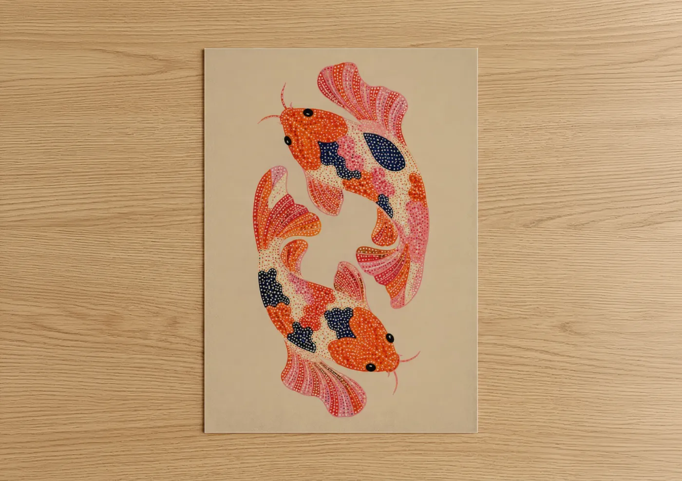 Art print on warm oak wood — orange and pink palette — Dotted Koi Fish Pair Wall Art poster
