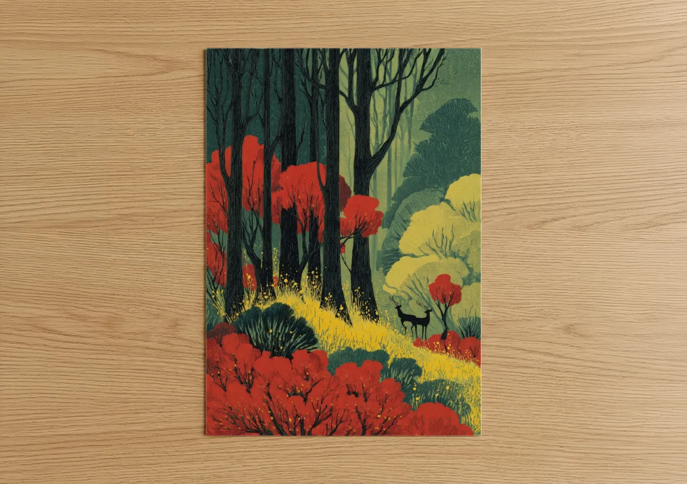 Crimson Woodland Flower Field Landscape Wall Art