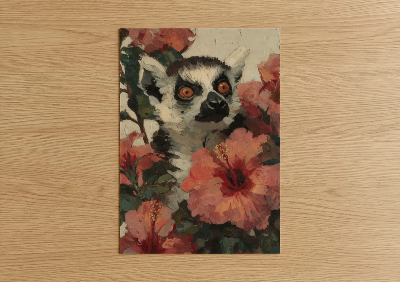 Lemur with Pink Flowers Oil Painting Wall Art
