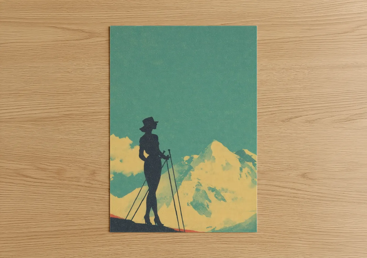 Skiing art print on warm oak wood — teal and yellow gold palette — Mountain Skier poster