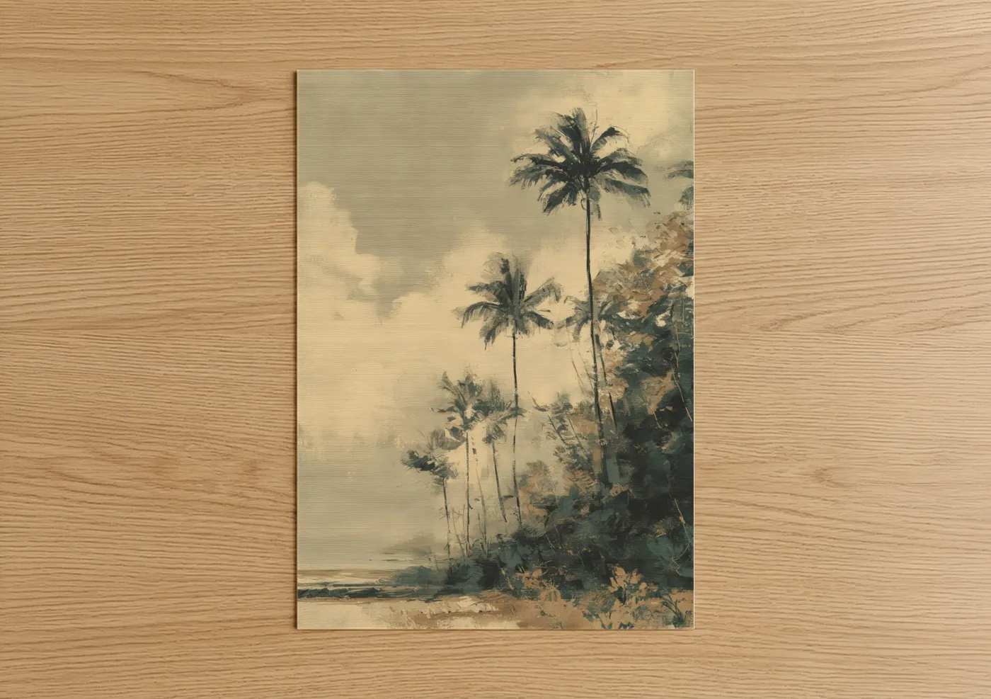 Palm forest art print on warm oak wood — champagne gold and cream palette — Coastal Palm Grove poster