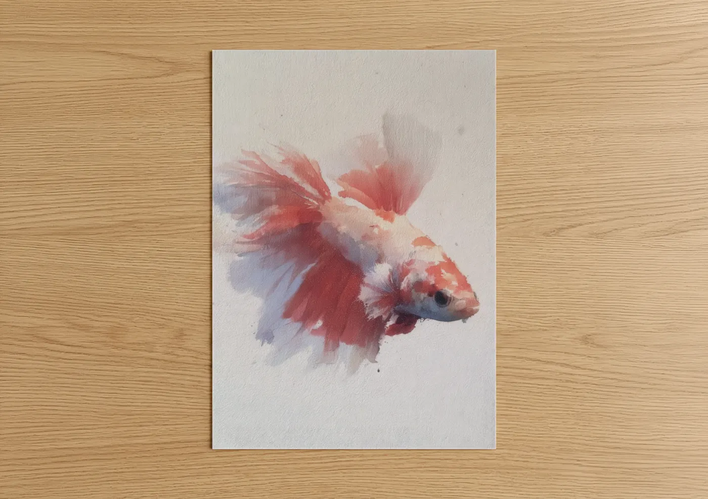 Fighting fish art print on warm oak wood — red and blue palette — Crimson Betta Fish poster