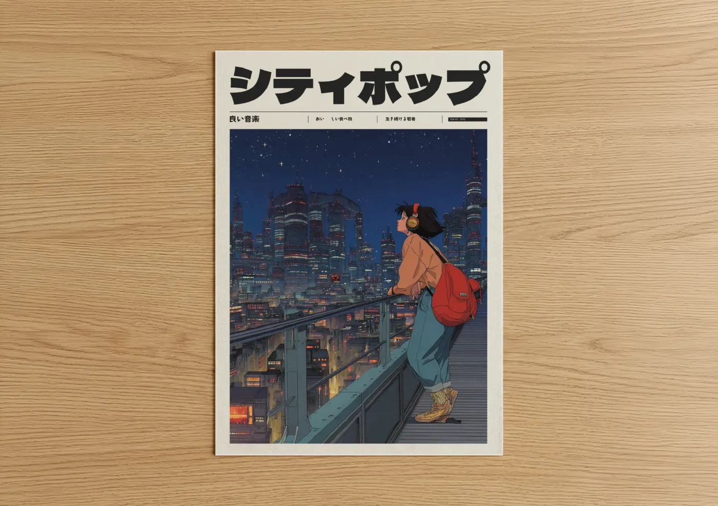 Anime Girl Cityscape Night Illustration Wall Art