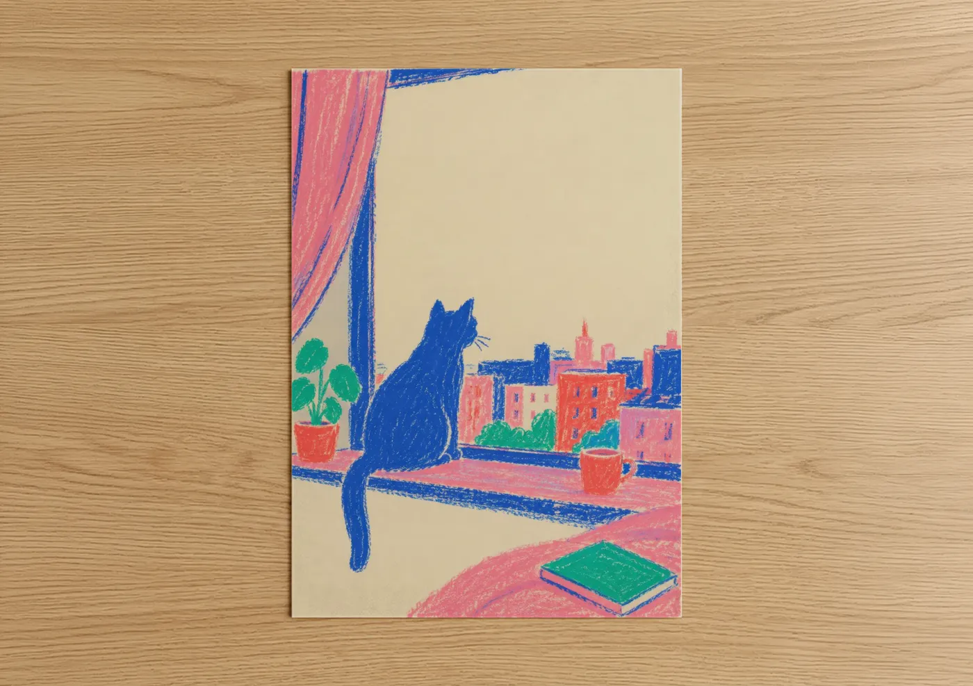 Art print on warm oak wood — blue and pink palette — Blue Cat Window Cityscape Wall Art poster