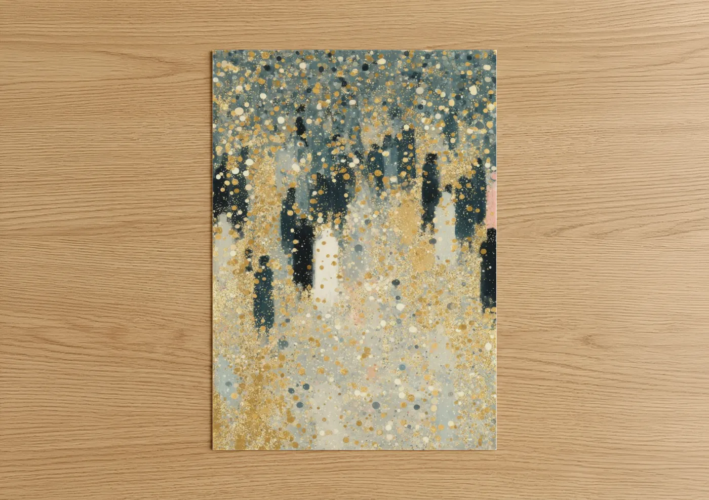 New years eve art print on warm oak wood — gold and blue and gold palette — Midnight Celebration poster