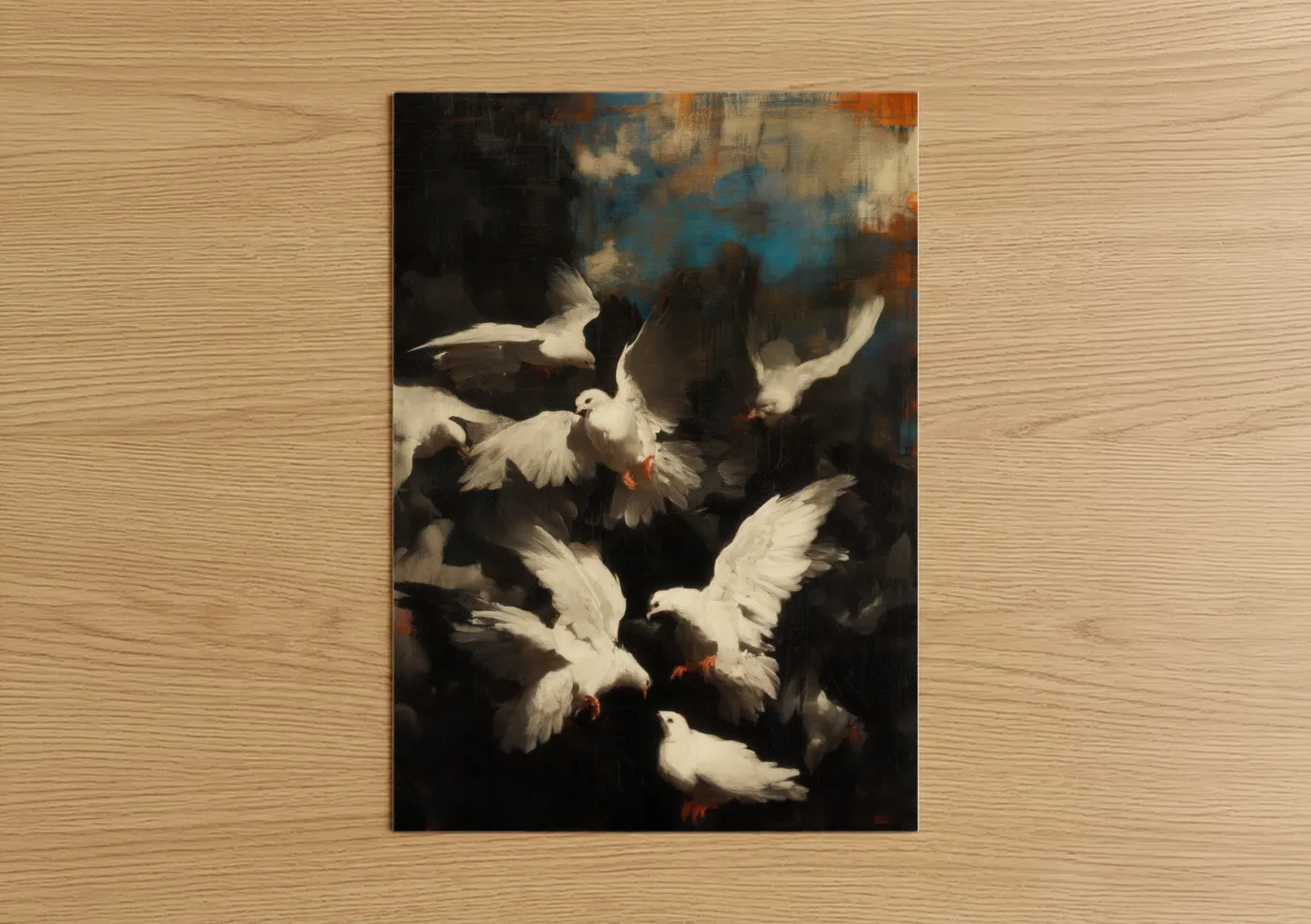 Art print on warm oak wood — black and white and orange palette — Heavenly Doves poster