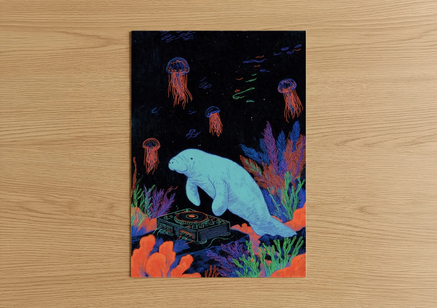 Manatees art print on warm oak wood — blue and orange palette — Cosmic Manatee poster