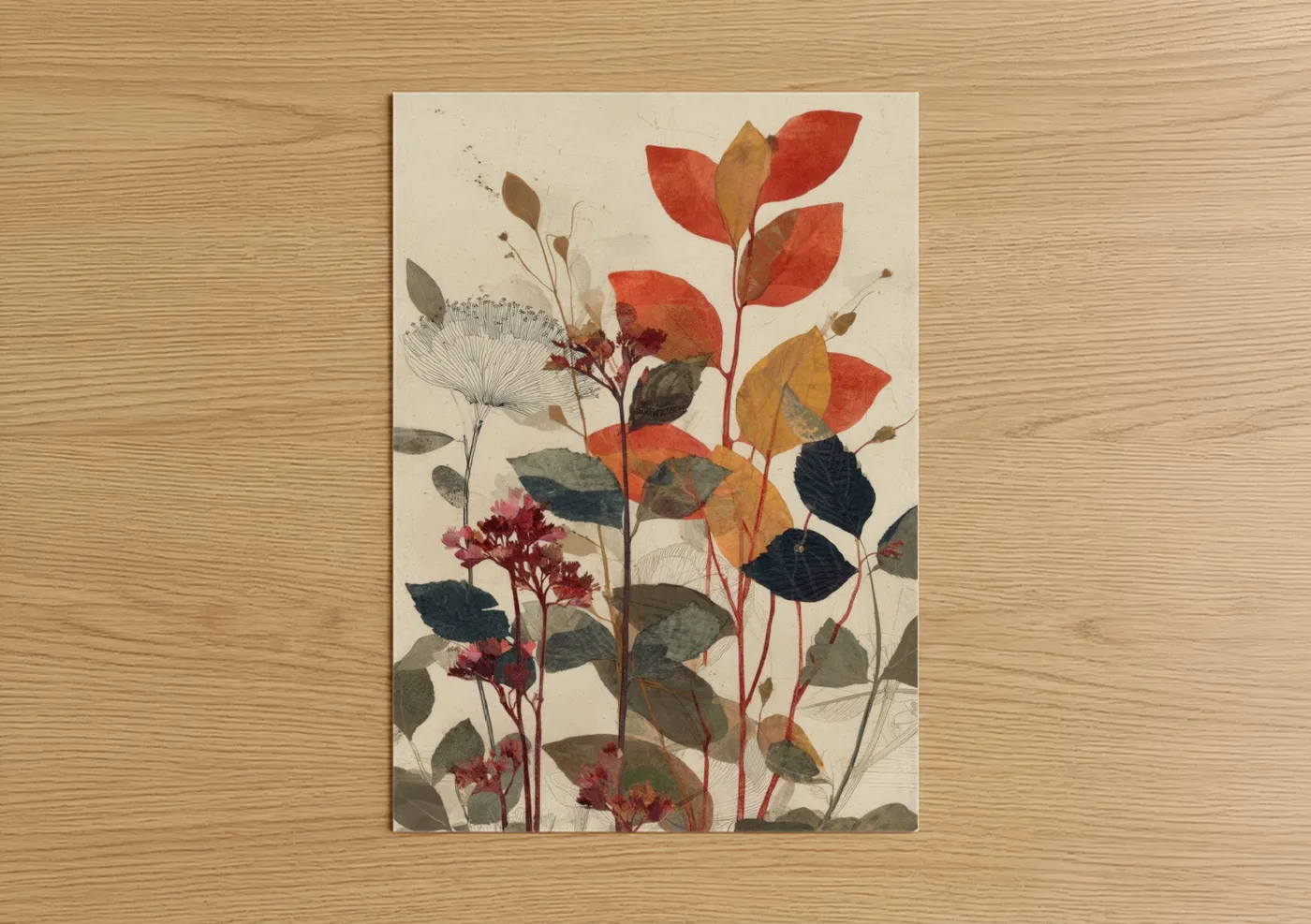 Art print on warm oak wood — russet and beige palette — Autumn Botanicals poster