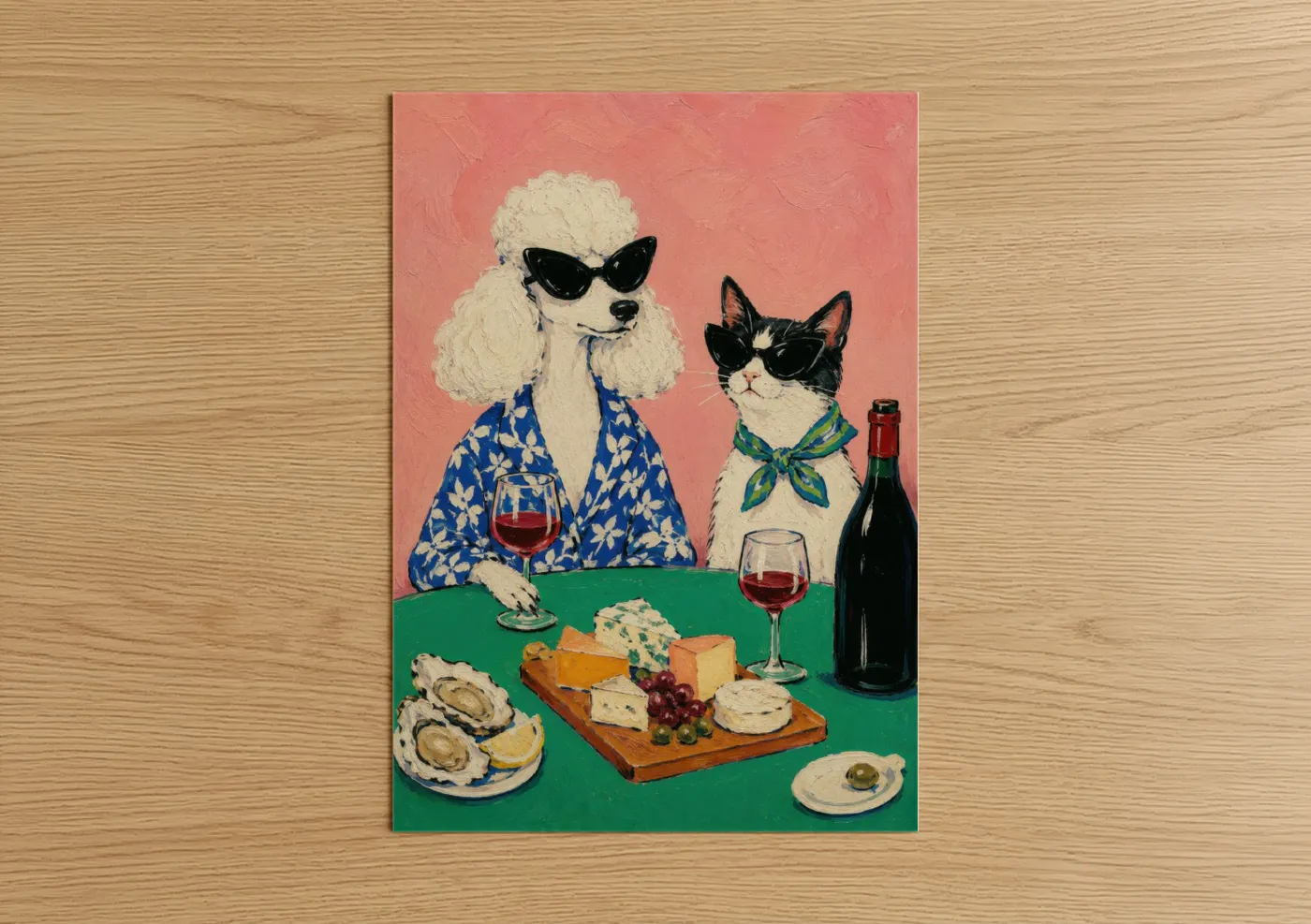 Cat art print on warm oak wood — pink and green palette — Stylish Pets Wine And Cheese Wall Art poster