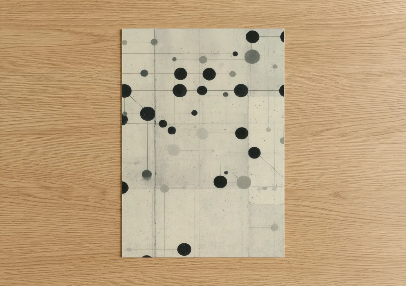 Abstract geometric art print on warm oak wood — black and white and cream palette — Minimalist Network poster