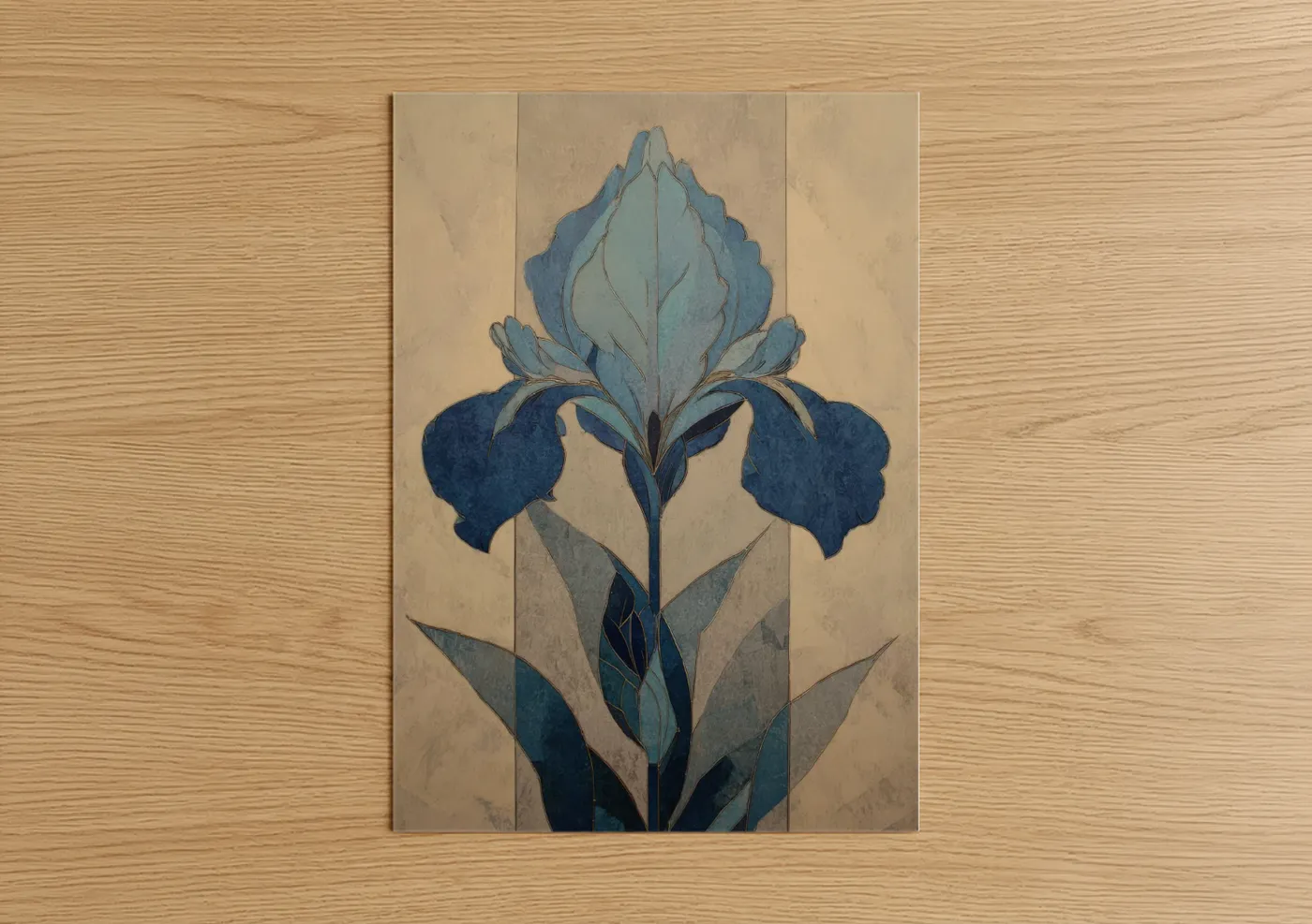 Art print on warm oak wood — blue and cream palette — Azure Iris Bloom poster