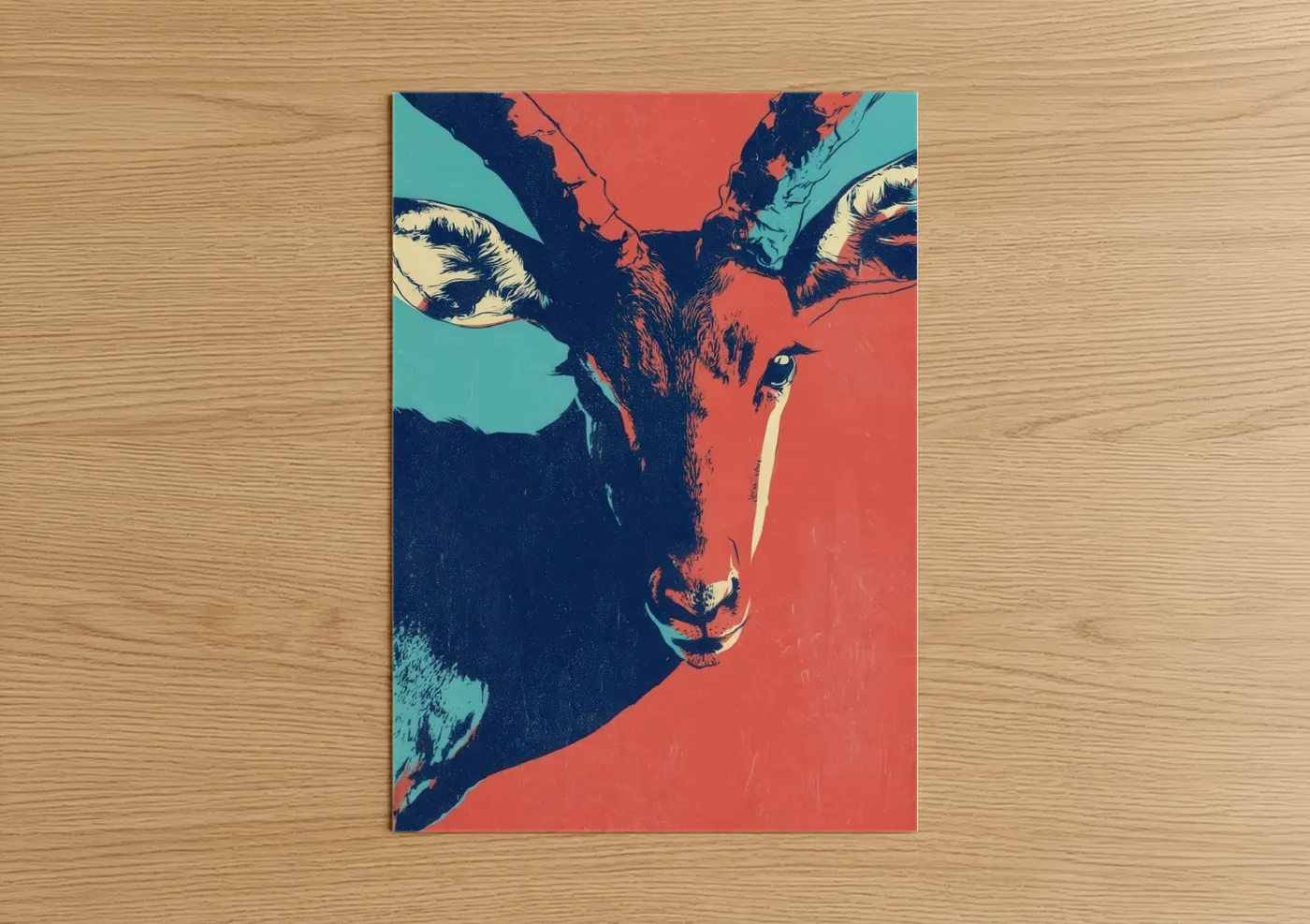 Art print on warm oak wood — turquoise and red palette — Pop Art Antelope poster