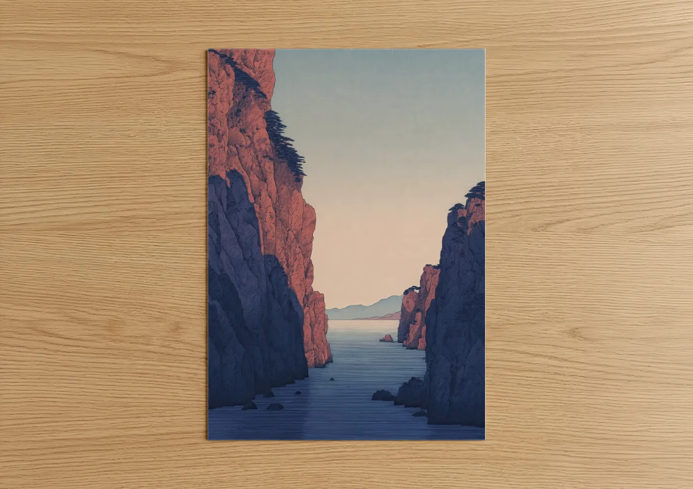 Art print on warm oak wood — russet and blue palette — Coastal Canyon Passage poster