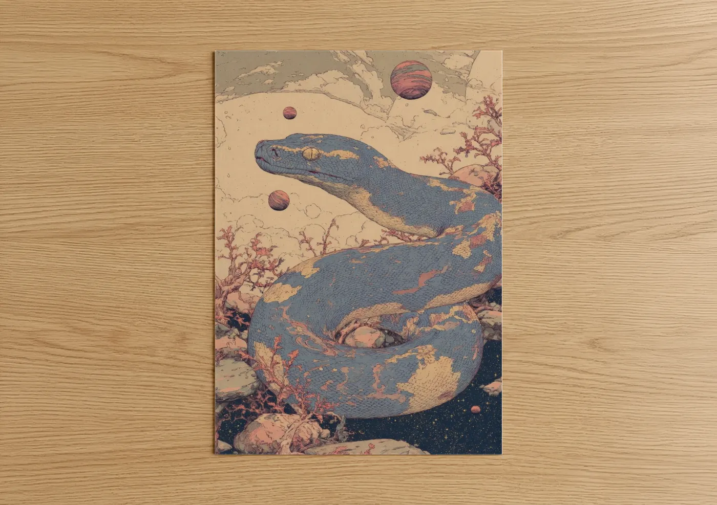 Boa constrictor art print on warm oak wood — blue and peach palette — Cosmic Boa poster