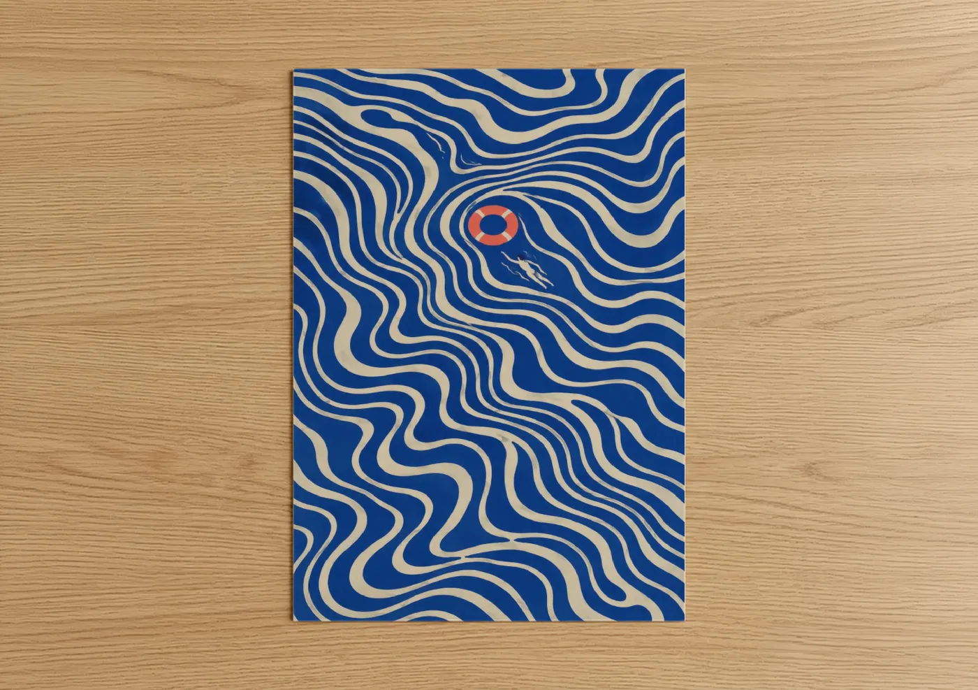 Seascapes and ocean art print on warm oak wood — royal blue and red palette — Ocean Waves Life Ring Wall Art poster