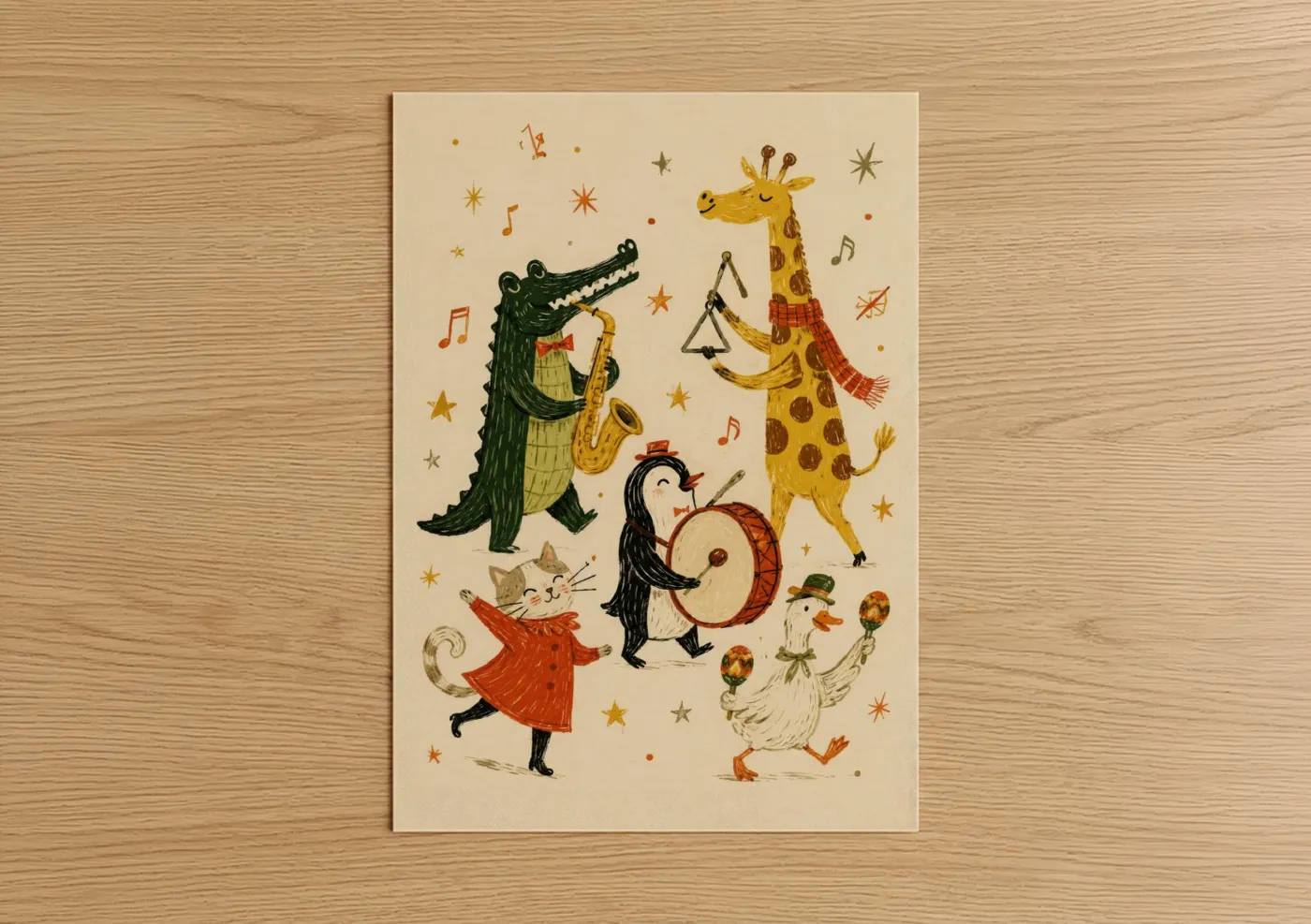 Giraffe art print on warm oak wood — cream and mustard palette — Musical Animals Band Wall Art poster