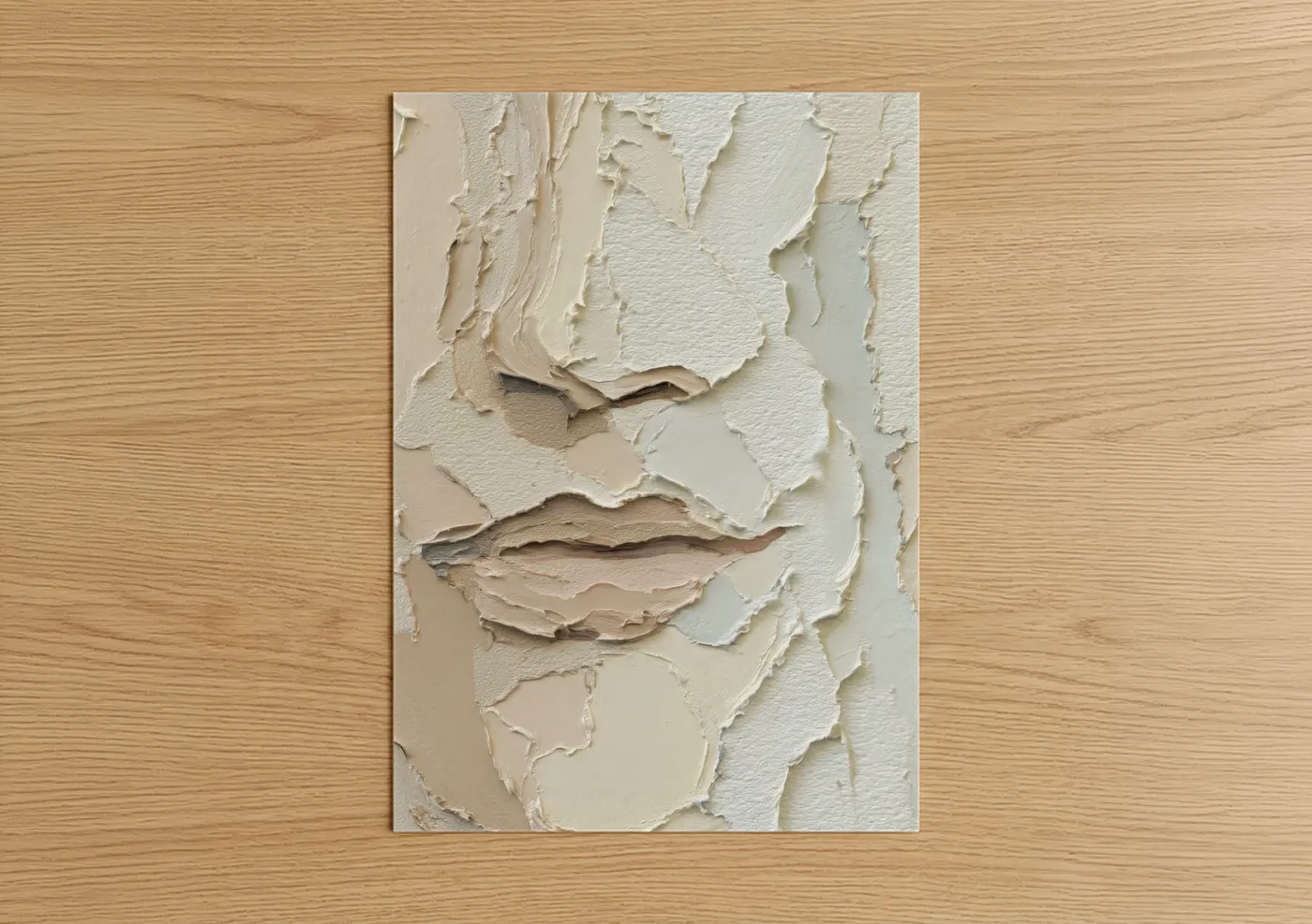 Abstract minimalist art print on warm oak wood — cream and gray palette — Textured Minimalist poster