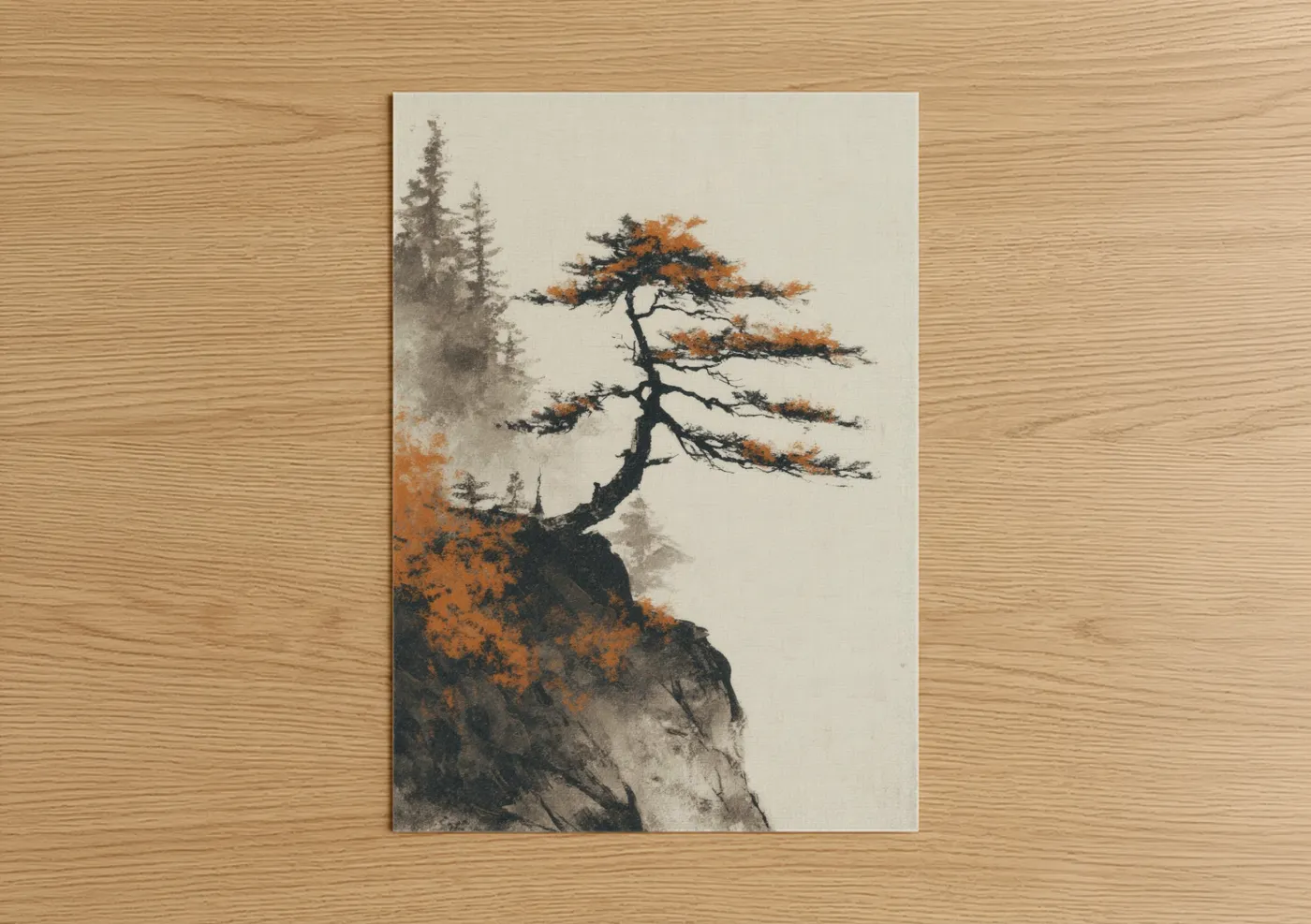 Autumn Cliff Bonsai Tree Watercolor Wall Art