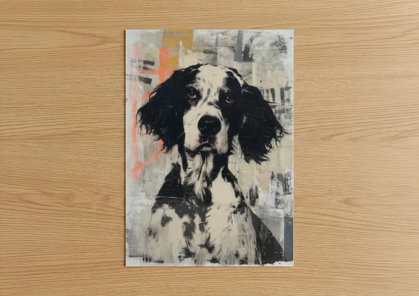 Art print on warm oak wood — black and white and gray palette — Contemplative Setter poster