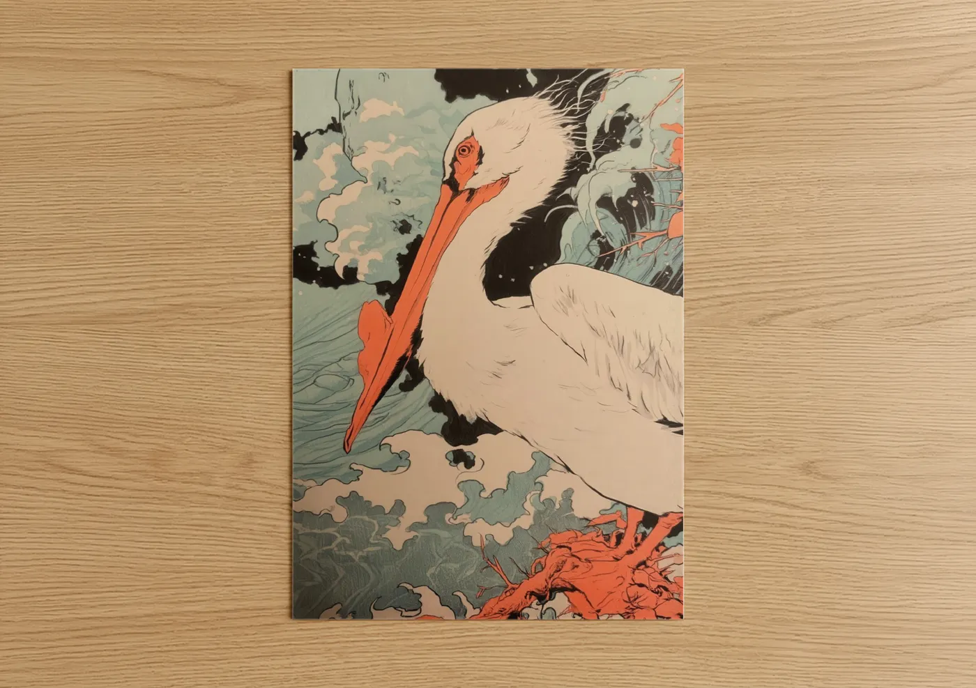 Art print on warm oak wood — red and blue and white palette — Crimson Pelican poster