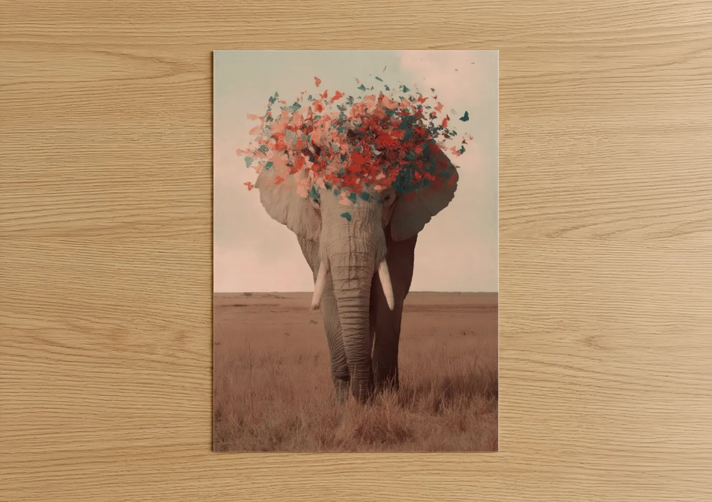 Savanna elephant art print on warm oak wood — salmon pink and teal palette — Crimson Dreams Elephant poster