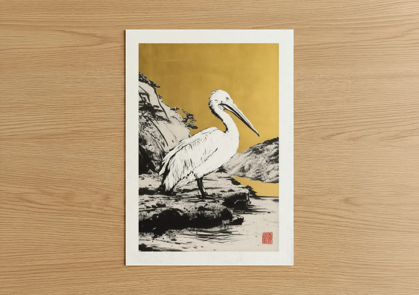 Art print on warm oak wood — gold and black and white palette — Golden Pelican poster