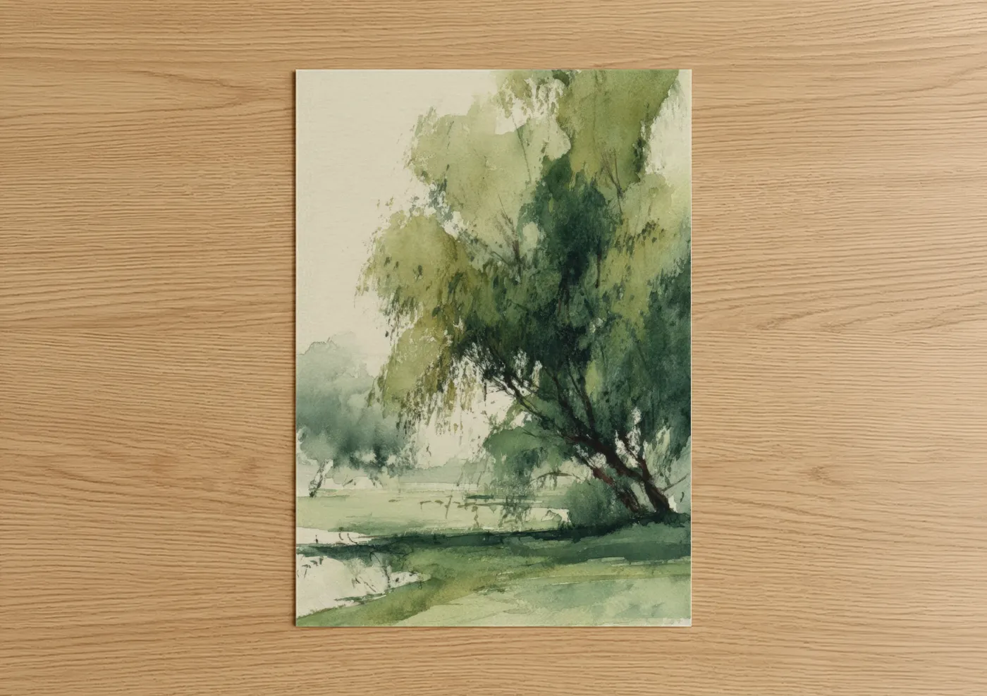 Willow forest art print on warm oak wood — light green and cream palette — Weeping Willow Serenity poster