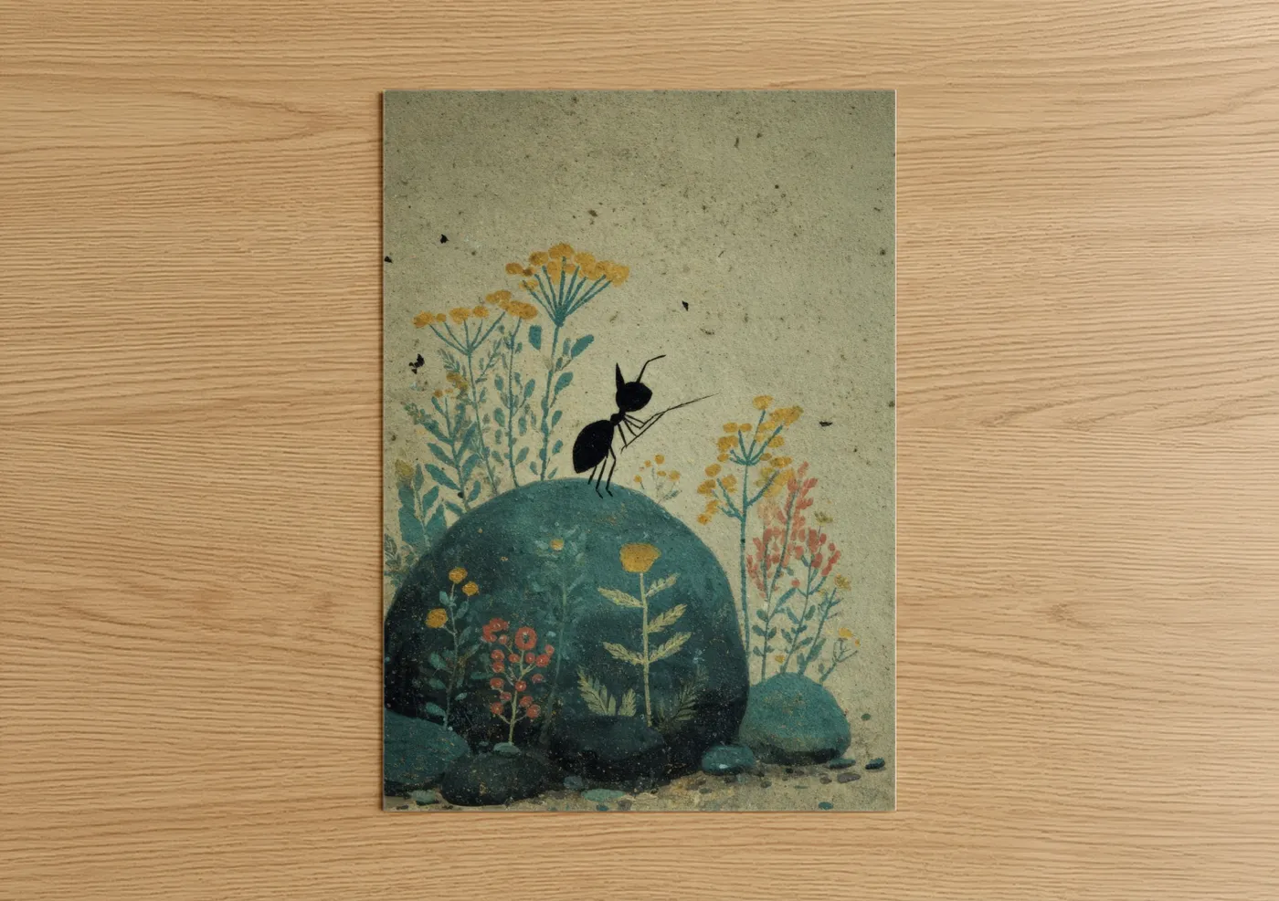 Art print on warm oak wood — gold and teal palette — Curious Ant poster