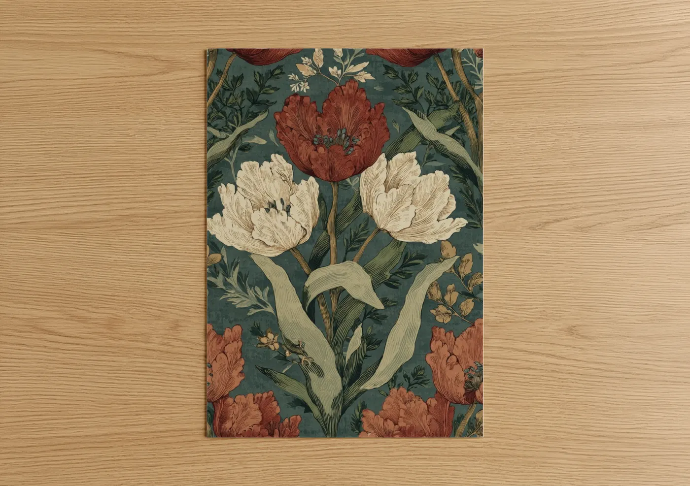 Art print on warm oak wood — teal and cream palette — Crimson Tulip Trio poster