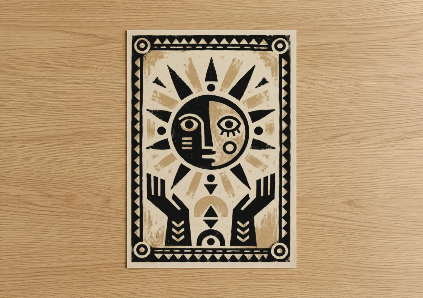 The sun art print on warm oak wood — black and white and beige palette — Geometric Sun Face Tribal Wall Art poster