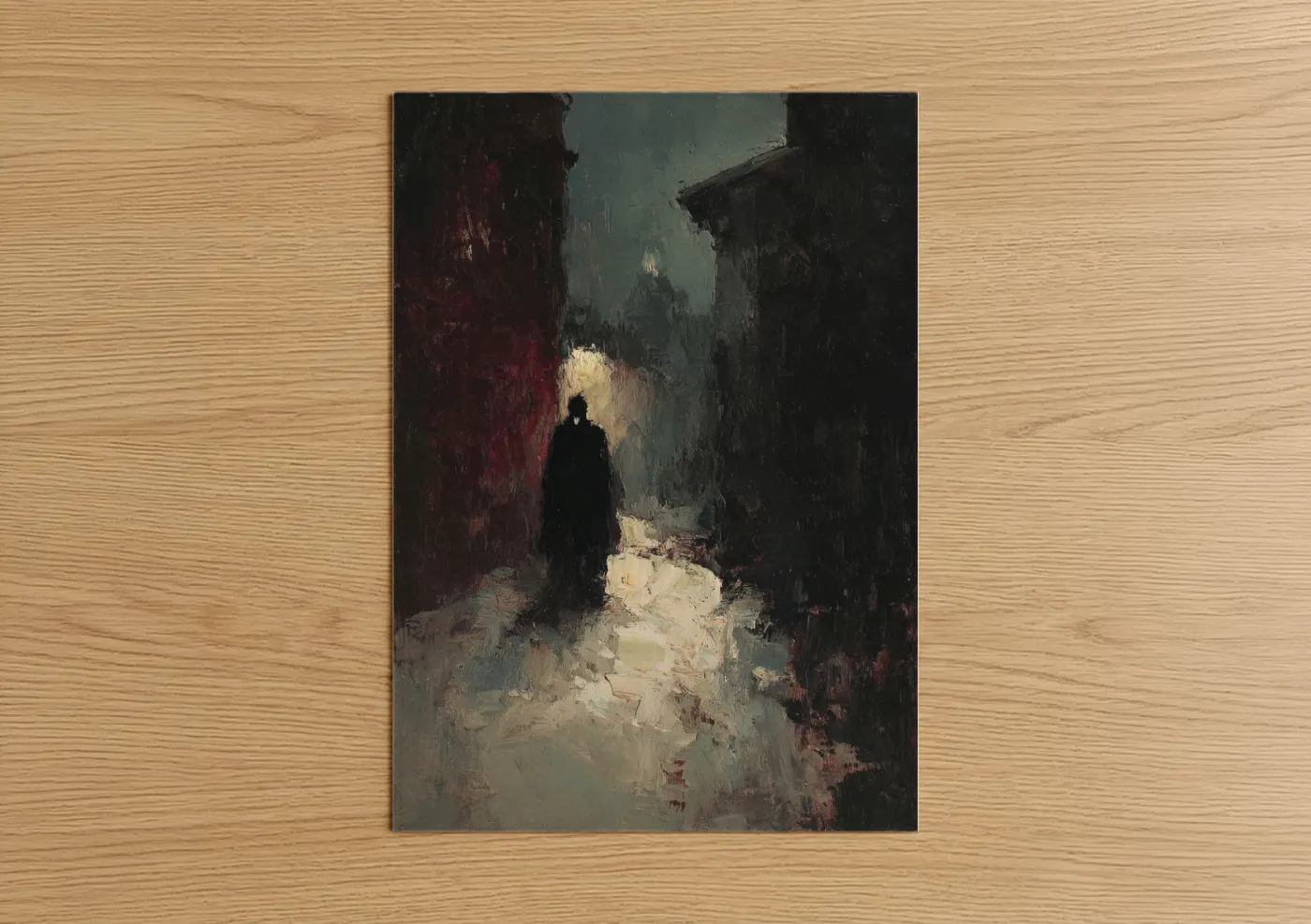 Art print on warm oak wood — maroon and dove gray palette — Solitary Vampire poster