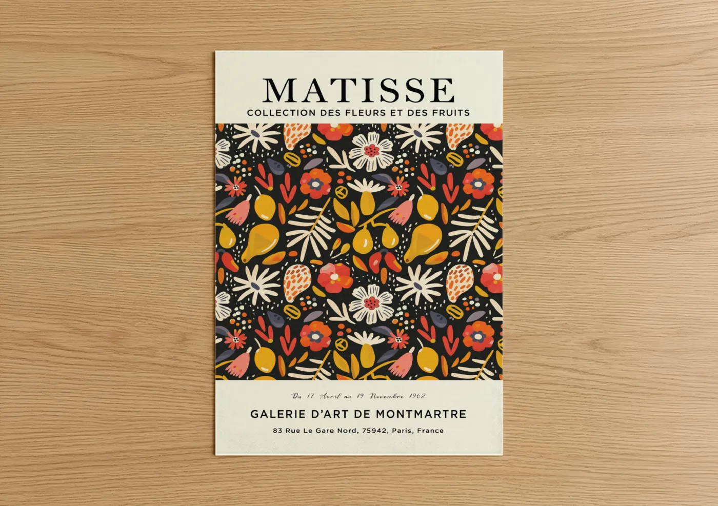 Abstract flower art print on warm oak wood — gold and orange palette — Matisse Florals poster