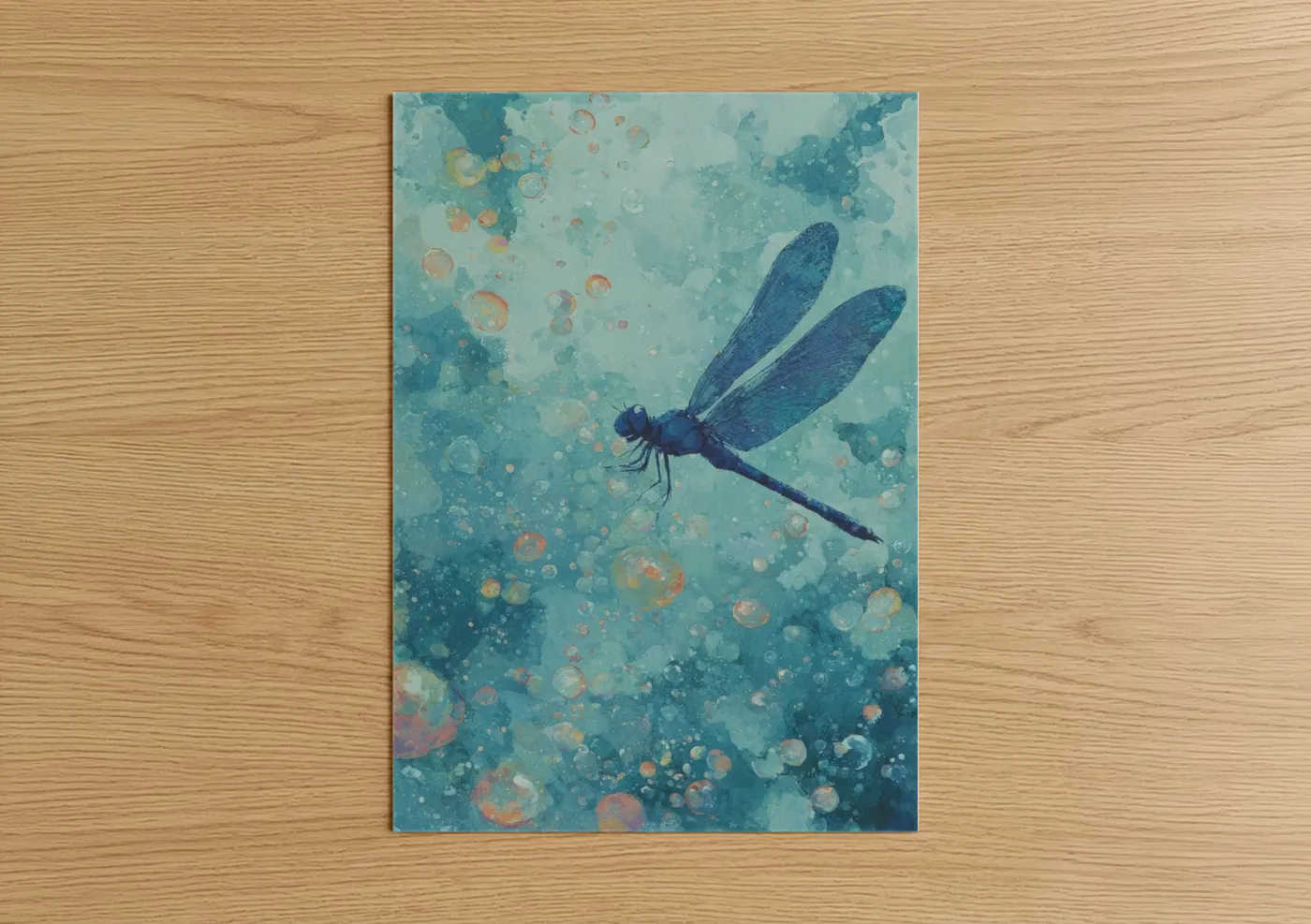 Art print on warm oak wood — teal and peach palette — Azure Dragonfly poster