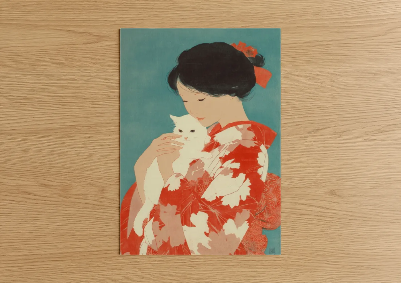 Girl with White Cat Japanese Wall Art