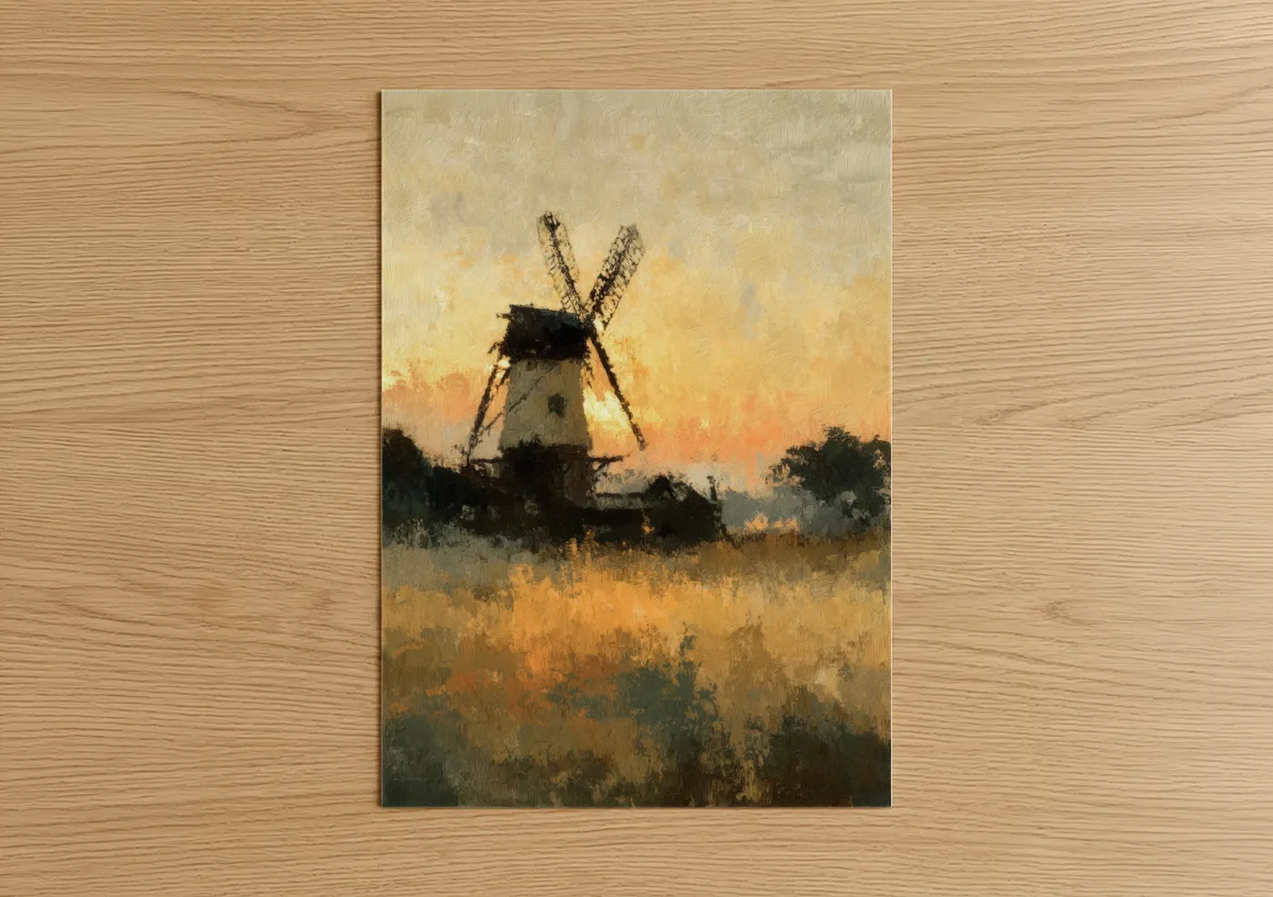 Golden Windmill Sunset Rural Landscape Wall Art