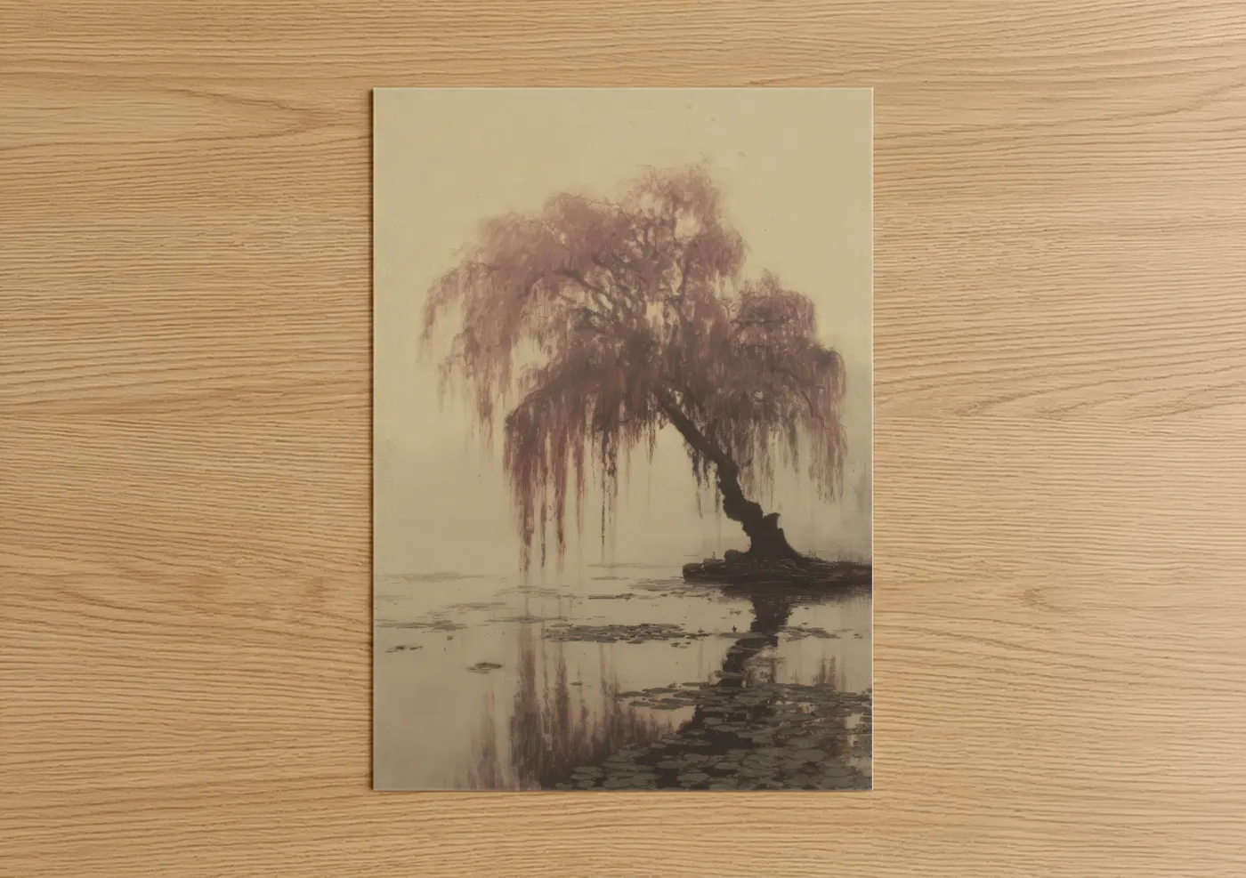 Misty Willow Tree Reflection Watercolor Wall Art