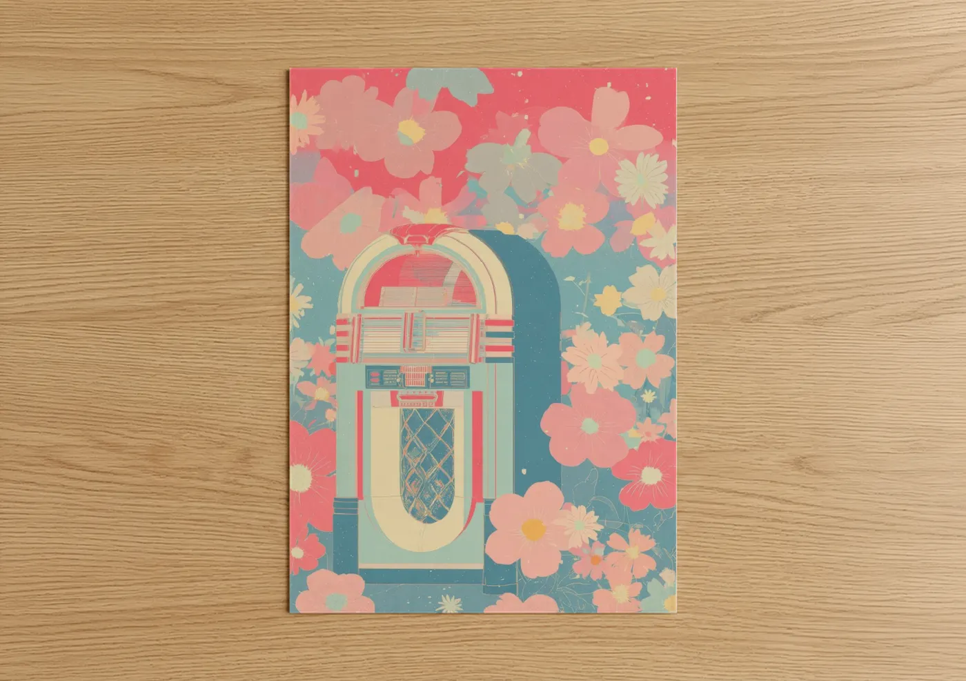Retro pop art print on warm oak wood — pink and cream palette — Retro Jukebox Bloom poster