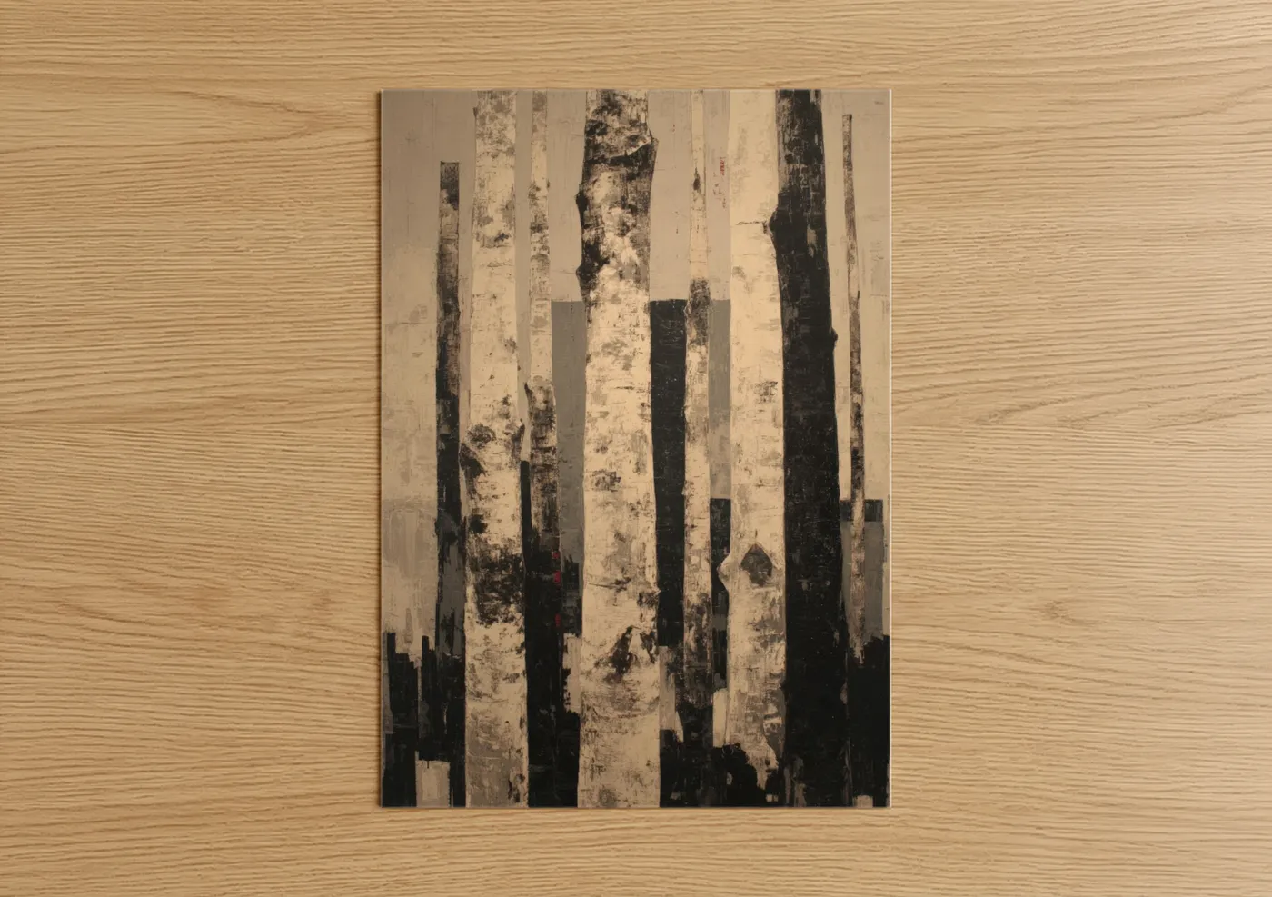 Birch tree art print on warm oak wood — black and white and cream palette — Birch Forest Abstract poster