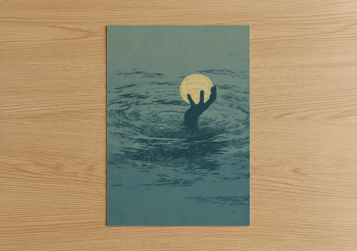 Art print on warm oak wood — teal and dark blue palette — Moonlit Water Polo poster
